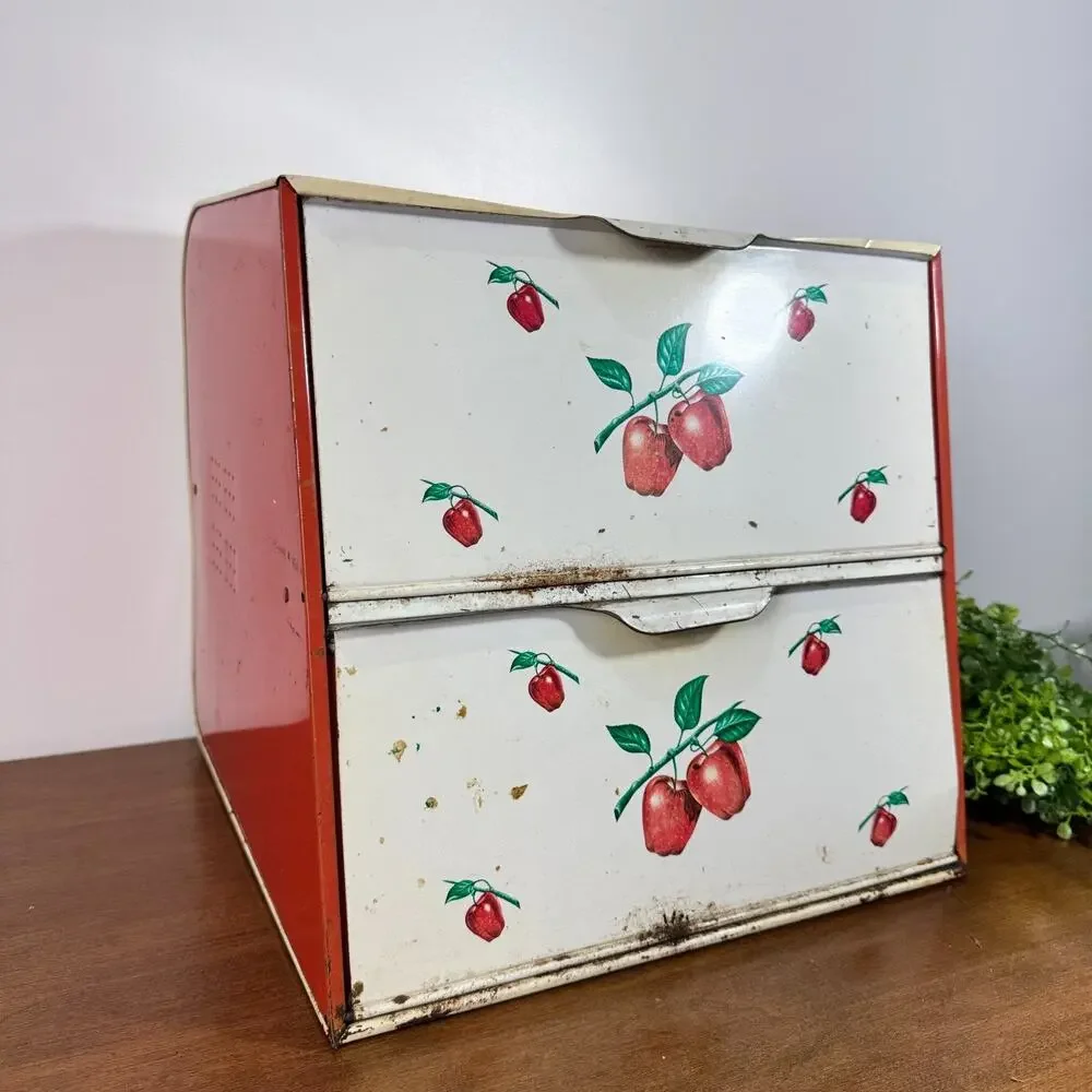 Vintage Decoware Double Decker Bread Box Apple Fruit Metal 2 Door MCM Primitive